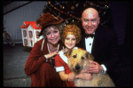 Shelley Bruce as Annie, Reid Shelton as Daddy Warbucks and Dorothy Loudon as Miss Hannigan w. Sandy in a scene from the Broadway production of the musical "Annie."