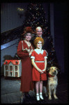 Shelley Bruce as Annie, Reid Shelton as Daddy Warbucks and Dorothy Loudon as Miss Hannigan w. Sandy in a scene from the Broadway production of the musical "Annie."