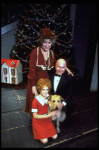 Shelley Bruce as Annie, Reid Shelton as Daddy Warbucks and Dorothy Loudon as Miss Hannigan w. Sandy in a scene from the Broadway production of the musical "Annie."