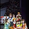 Shelley Bruce as Annie (3L) w. Sandy, (2R) Danielle Brisebois, Sarah Jessica Parker (L) and orphans in a scene from the Broadway production of the musical "Annie." 
