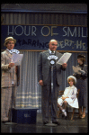 Actors Reid Shelton as Daddy Warbucks (2R) and Shelley Bruce as Annie (2L) in a scene from the Broadway production of the musical "Annie."