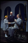 R-L) Shelley Bruce as Annie, Reid Shelton as Daddy Warbucks and Raymond Thorne as FDR in a scene from the Broadway production of the musical "Annie."