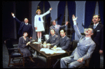 Shelley Bruce as Annie (3R), Reid Shelton as Daddy Warbucks (R) and Raymond Thorne as FDR (2L) in a scene from the Broadway production of the musical "Annie."