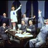 Shelley Bruce as Annie (3R), Reid Shelton as Daddy Warbucks (R) and Raymond Thorne as FDR (2L) in a scene from the Broadway production of the musical "Annie."