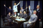 Shelley Bruce as Annie (3R), Reid Shelton as Daddy Warbucks (R) and Raymond Thorne as FDR (2L) in a scene from the Broadway production of the musical "Annie."