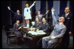 Shelley Bruce as Annie (3R), Reid Shelton as Daddy Warbucks (R) and Raymond Thorne as FDR (2L) in a scene from the Broadway production of the musical "Annie."