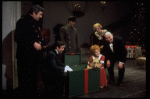 Shelley Bruce as Annie, Sandy Faison as Grace and Reid Shelton as Daddy Warbucks w. Sandy in a scene from the Broadway production of the musical "Annie."