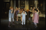 Actresses Shelley Bruce as Annie (3R) and Sarah Jessica Parker (2R) w. orphans in a scene from the Broadway production of the musical "Annie."