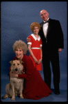 Sarah Jessica Parker as Annie, Reid Shelton as Daddy Warbucks, and Alice Ghostley as Miss Hannigan w. Sandy from the Broadway production of the musical "Annie."