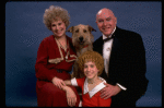 Sarah Jessica Parker as Annie, Reid Shelton as Daddy Warbucks, and Alice Ghostley as Miss Hannigan w. Sandy from the Broadway production of the musical "Annie."