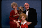 Sarah Jessica Parker as Annie, Reid Shelton as Daddy Warbucks, and Alice Ghostley as Miss Hannigan w. Sandy from the Broadway production of the musical "Annie."