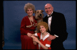 Sarah Jessica Parker as Annie, Reid Shelton as Daddy Warbucks, and Alice Ghostley as Miss Hannigan w. Sandy from the Broadway production of the musical "Annie."