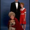 Sarah Jessica Parker as Annie, Reid Shelton as Daddy Warbucks, and Alice Ghostley as Miss Hannigan w. Sandy from the Broadway production of the musical "Annie."