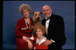 Sarah Jessica Parker as Annie, Reid Shelton as Daddy Warbucks, and Alice Ghostley as Miss Hannigan w. Sandy from the Broadway production of the musical "Annie."