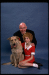 Sarah Jessica Parker as Annie and Reid Shelton as Daddy Warbucks w. Sandy in a scene from the Broadway production of the musical "Annie."