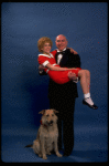 Sarah Jessica Parker as Annie and Reid Shelton as Daddy Warbucks w. Sandy in a scene from the Broadway production of the musical "Annie."