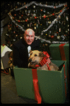 Actor Reid Shelton as Daddy Warbucks w. Sandy in a scene from the Broadway production of the musical "Annie."