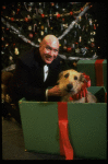 Actor Reid Shelton as Daddy Warbucks w. Sandy in a scene from the Broadway production of the musical "Annie."
