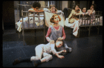 Sarah Jessica Parker as Annie w. orphans in a scene from the Broadway production of the musical "Annie."