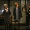 Sarah Jessica Parker as Annie and Alice Ghostley as Miss Hannigan w. a policeman in a scene from the Broadway production of the musical "Annie."