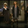 Sarah Jessica Parker as Annie and Alice Ghostley as Miss Hannigan w. a policeman in a scene from the Broadway production of the musical "Annie."