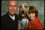 Roseanne Sorrentino as Annie and Harve Presnell as Daddy Warbucks w. Sandy during a rehearsal for the Dallas production of the musical "Annie."