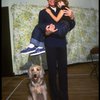 Roseanne Sorrentino as Annie and Harve Presnell as Daddy Warbucks w. Sandy during a rehearsal for the Dallas production of the musical "Annie."