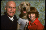 Roseanne Sorrentino as Annie and Harve Presnell as Daddy Warbucks w. Sandy during a rehearsal for the Dallas production of the musical "Annie."