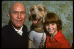 Roseanne Sorrentino as Annie and Harve Presnell as Daddy Warbucks w. Sandy during a rehearsal for the Dallas production of the musical "Annie."