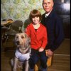 Roseanne Sorrentino as Annie and Harve Presnell as Daddy Warbucks w. Sandy during a rehearsal for the Dallas production of the musical "Annie."