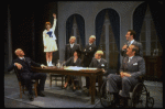 L) Harve Presnell as Daddy Warbucks, Roseanne Sorrentino as Annie (2L) and Jack Denton as FDR (2R) in a scene from the Dallas production of musical "Annie."