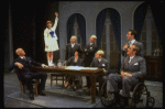 L) Harve Presnell as Daddy Warbucks, Roseanne Sorrentino as Annie (2L) and Jack Denton as FDR (2R) in a scene from the Dallas production of musical "Annie."