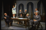L) Harve Presnell as Daddy Warbucks, Roseanne Sorrentino as Annie (2L) and Jack Denton as FDR (2R) in a scene from the Dallas production of musical "Annie."