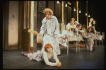 Mary K. Lombardi as Annie and Ruth Kobart as Miss Hannigan w. orphans in a scene from the Chicago production of the musical "Annie."