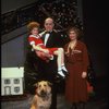 Allison Smith as Annie, Alice Ghostley as Miss Hannigan, John Schuck as Daddy Warbucks w. Sandy in a scene from the Broadway production of the musical "Annie."