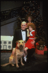 Allison Smith as Annie, Alice Ghostley as Miss Hannigan, John Schuck as Daddy Warbucks w. Sandy in a scene from the Broadway production of the musical "Annie."