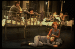 Allison Smith as Annie (R) w. orphans in a scene from the Broadway production of the musical "Annie."