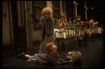 Alice Ghostley as Miss Hannigan and Allison Smith as Annie w. orphans in a scene from the Broadway production of the musical "Annie."