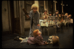 Alice Ghostley as Miss Hannigan and Allison Smith as Annie w. orphans in a scene from the Broadway production of the musical "Annie."