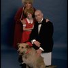 Betty Hutton as Miss Hannigan, Allison Smith as Annie, and John Schuck as Daddy Warbucks w. Sandy in a scene from the Broadway production of the musical "Annie."