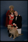 Betty Hutton as Miss Hannigan, Allison Smith as Annie, and John Schuck as Daddy Warbucks w. Sandy in a scene from the Broadway production of the musical "Annie."