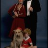 Betty Hutton as Miss Hannigan, Allison Smith as Annie, and John Schuck as Daddy Warbucks w. Sandy in a scene from the Broadway production of the musical "Annie."