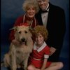 Betty Hutton as Miss Hannigan, Allison Smith as Annie, and John Schuck as Daddy Warbucks w. Sandy in a scene from the Broadway production of the musical "Annie."