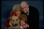 Betty Hutton as Miss Hannigan, Allison Smith as Annie, and John Schuck as Daddy Warbucks w. Sandy in a scene from the Broadway production of the musical "Annie."