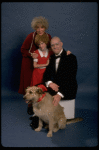 Betty Hutton as Miss Hannigan, Allison Smith as Annie, and John Schuck as Daddy Warbucks w. Sandy in a scene from the Broadway production of the musical "Annie."