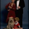 Betty Hutton as Miss Hannigan, Allison Smith as Annie, and John Schuck as Daddy Warbucks w. Sandy in a scene from the Broadway production of the musical "Annie."