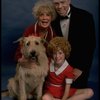 Betty Hutton as Miss Hannigan, Allison Smith as Annie, and John Schuck as Daddy Warbucks w. Sandy in a scene from the Broadway production of the musical "Annie."