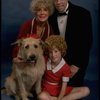 Betty Hutton as Miss Hannigan, Allison Smith as Annie, and John Schuck as Daddy Warbucks w. Sandy in a scene from the Broadway production of the musical "Annie."