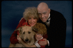 Betty Hutton as Miss Hannigan, Allison Smith as Annie, and John Schuck as Daddy Warbucks w. Sandy in a scene from the Broadway production of the musical "Annie."