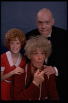 Betty Hutton as Miss Hannigan, Allison Smith as Annie, and John Schuck as Daddy Warbucks in a scene from the Broadway production of the musical "Annie."